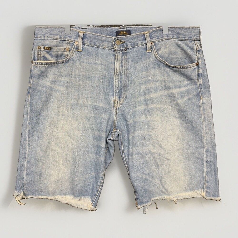 Polo Ralph Lauren Shorts Men 38 Classic Fit Denim Blue Distressed Cut Off Preppy